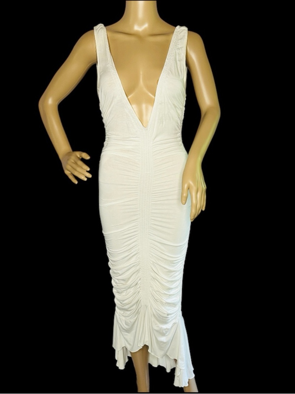 Leom Designs Ivory Ruched Hati-Hati Fishtail Dress Deep Plunge Draped Glam Gown
